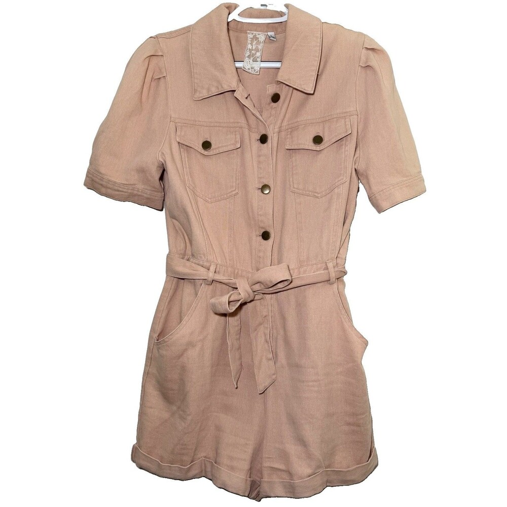 Sadie & Sage Romper Large Blush Pink Cotton Belted Utility Puff Sleeve Shorts